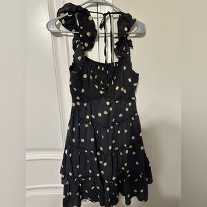 Little black dress with sunflower, heart shaped neckline with little sleeves